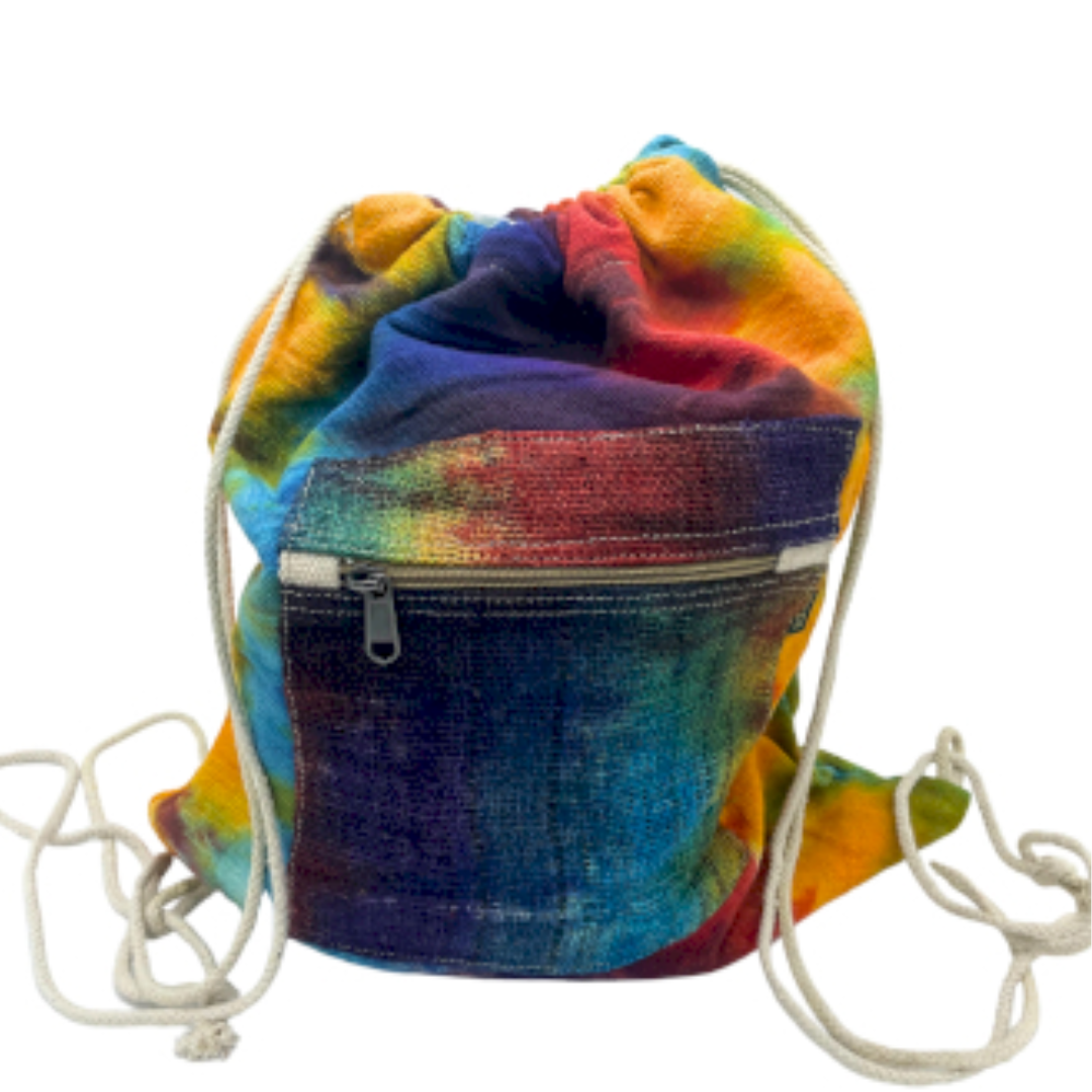 Tie-Dye konopný pytlík barevný – ruční výroba, přední kapsa, originální design