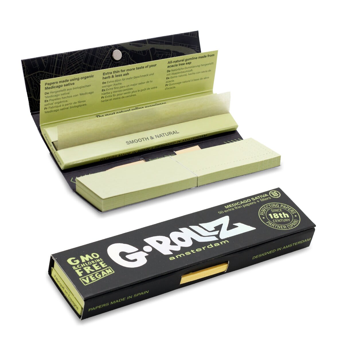G-Rollz Alfa King Size Slim – otevřené a zavřené balení 50 zelených papírků s 50 filtry