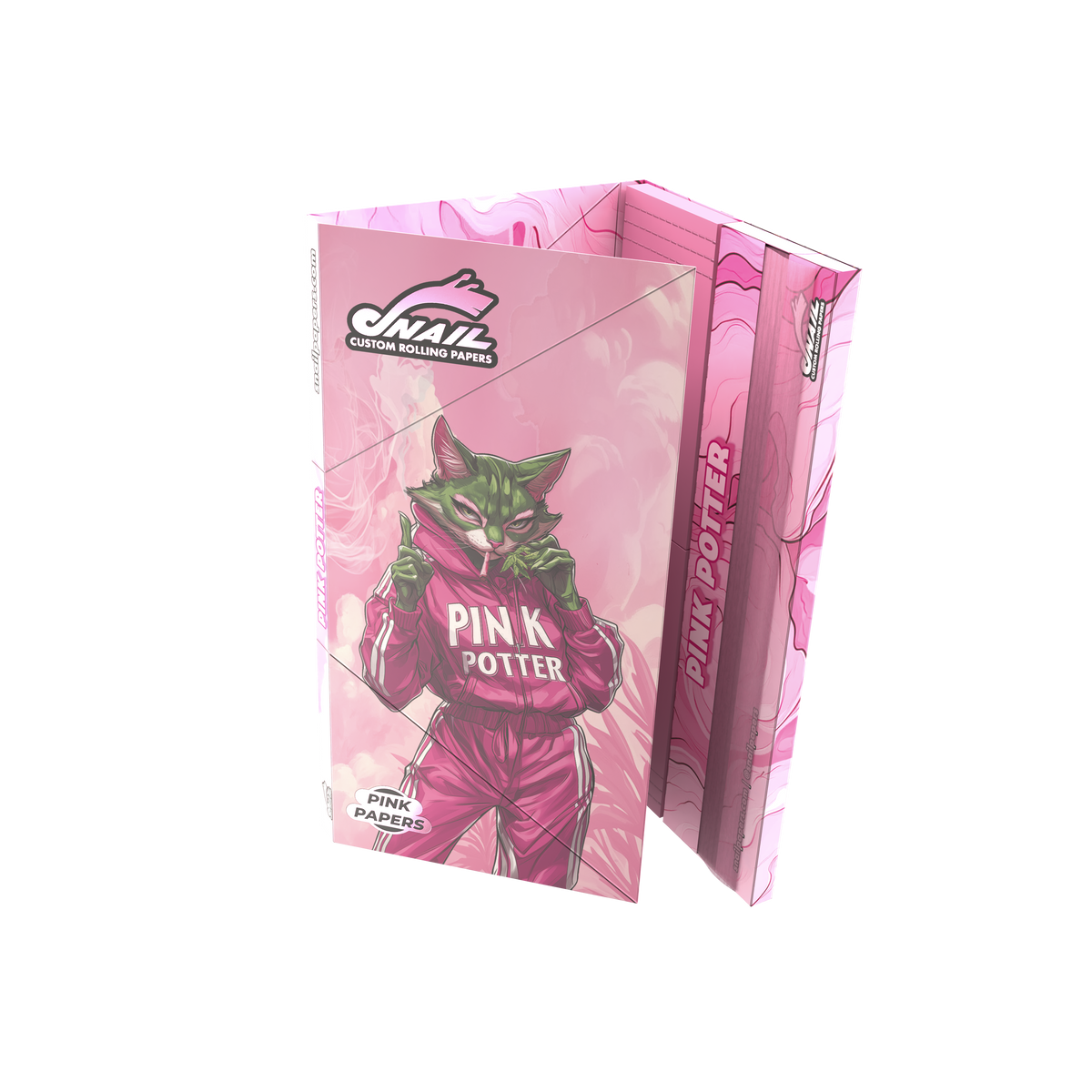 Snail Pink Potter – detail motivu zelené kočky v růžové soupravě