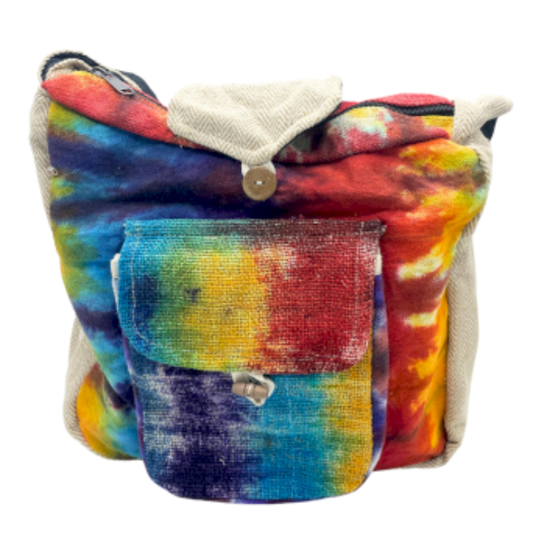 Tie-Dye konopná studentská taška s přední kapsou – ruční výroba, přírodní materiály