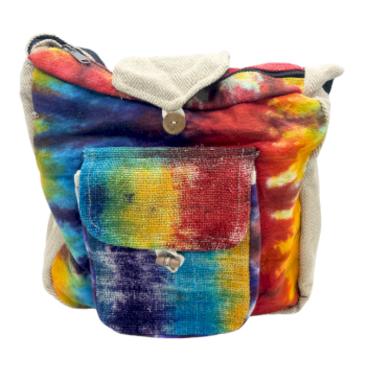 Tie-Dye konopná studentská taška s přední kapsou – ruční výroba, přírodní materiály
