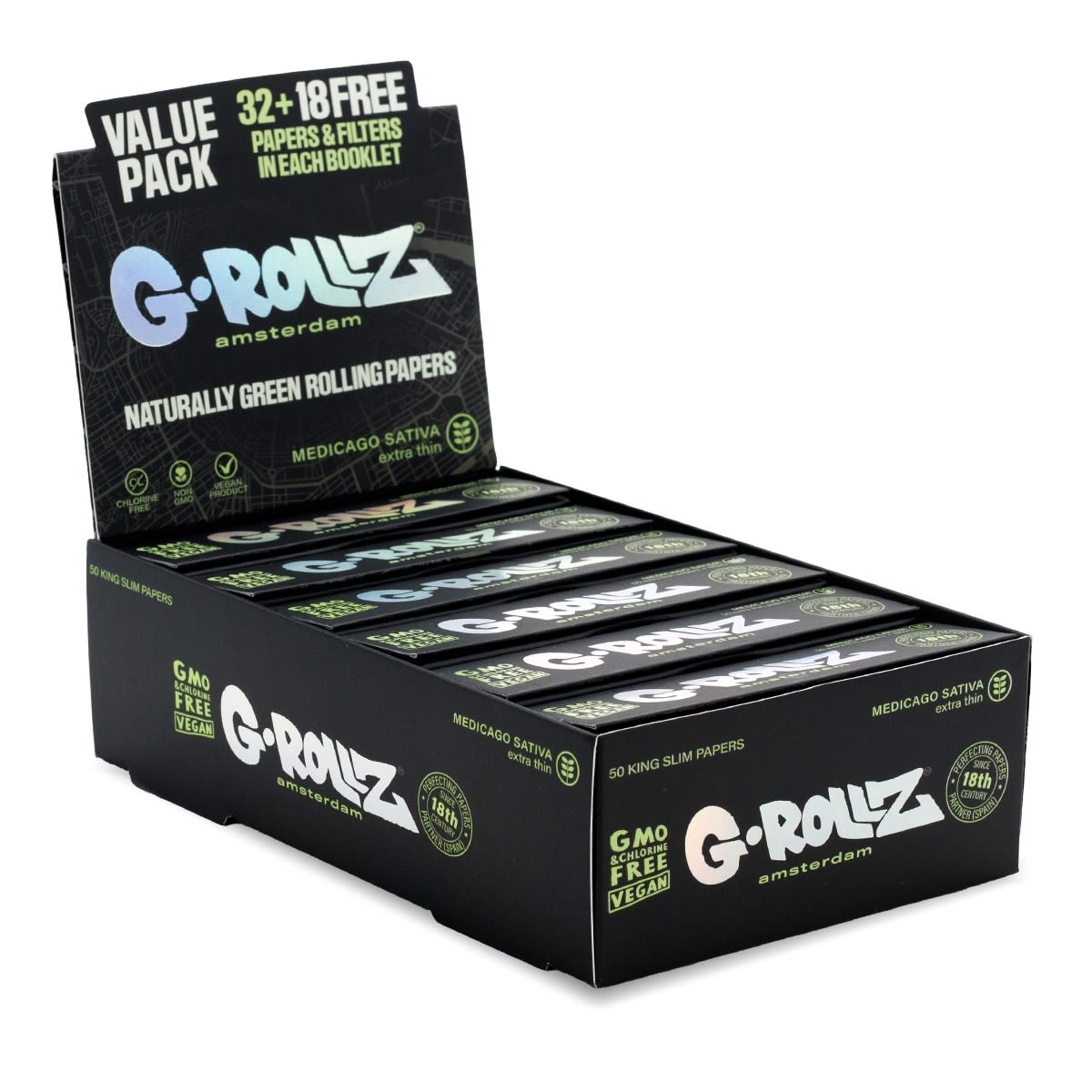 Originální displej G-Rollz Alfa Medicago Sativa – balení 24 sešitků papírků King Size Slim s filtry