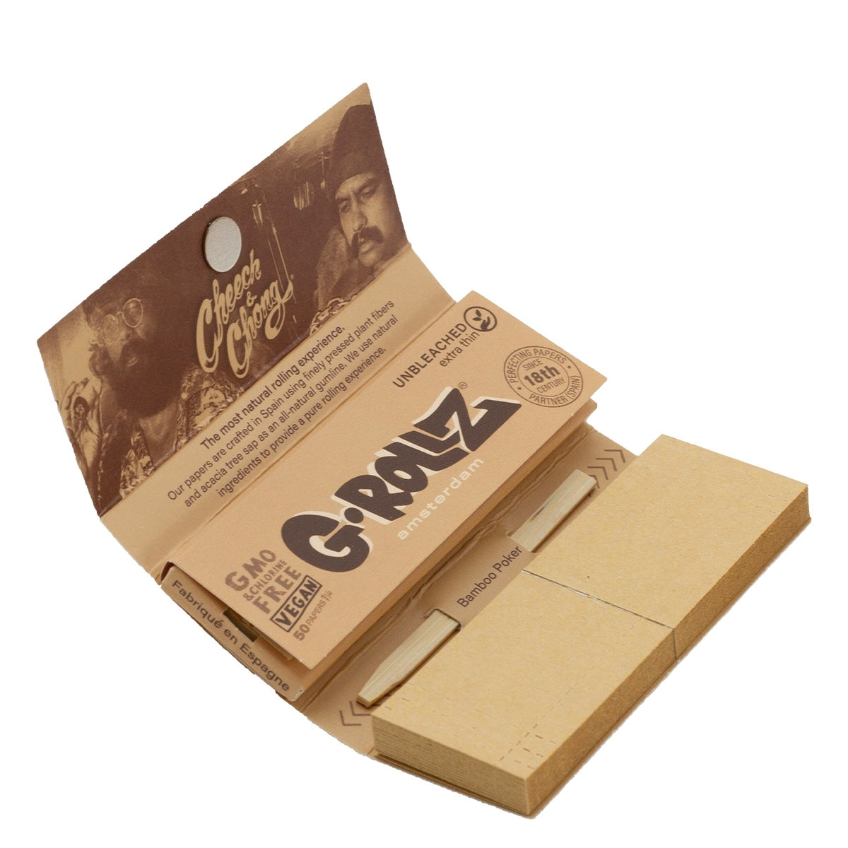 Otevřené balení G-Rollz Cheech & Chong Sofa – nebělené papírky 1¼, filtry a bambusová tyčinka
