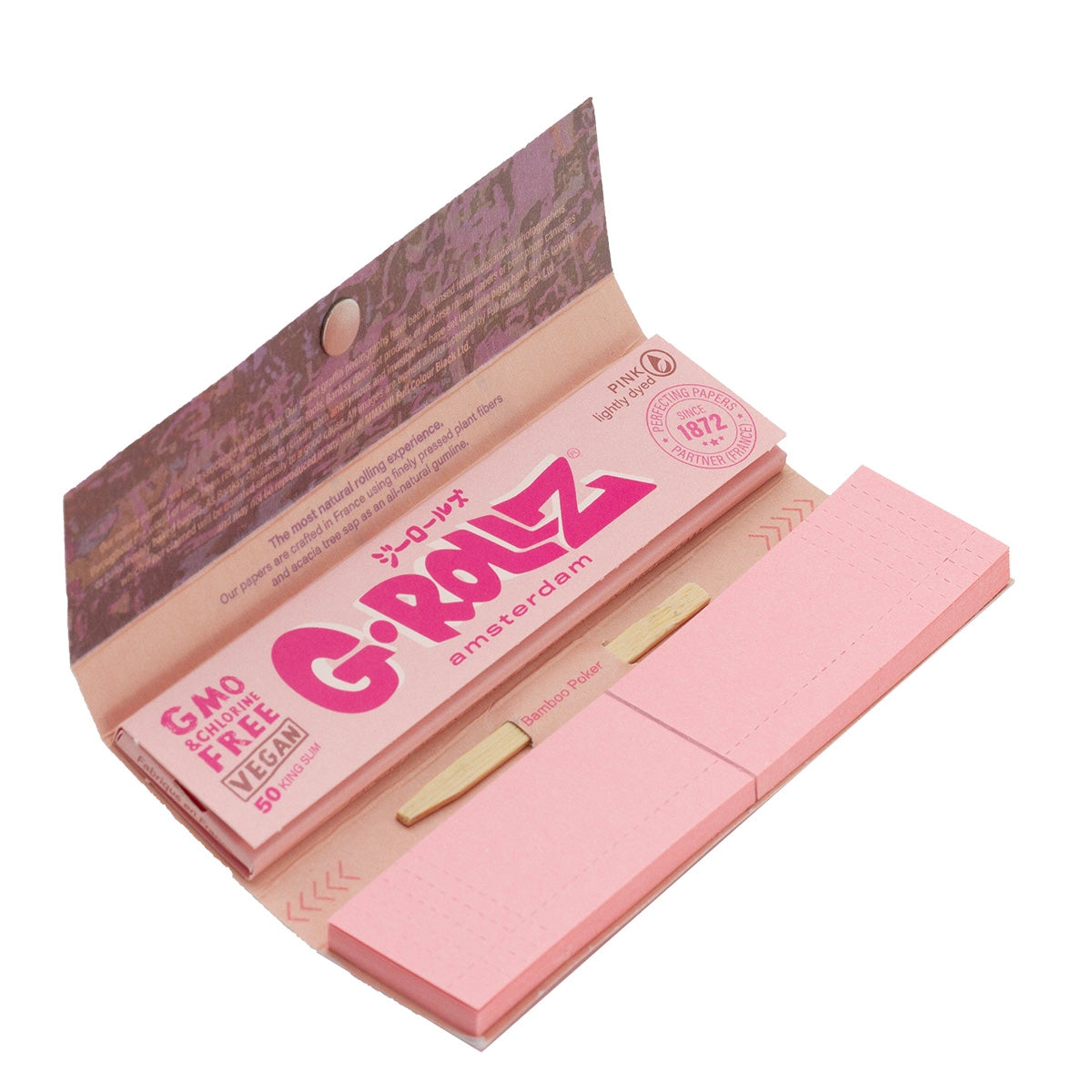 Ilustrační detail otevřeného balení G-Rollz Thug for Life Pink s papírky, filtry a bambusovou tyčinkou