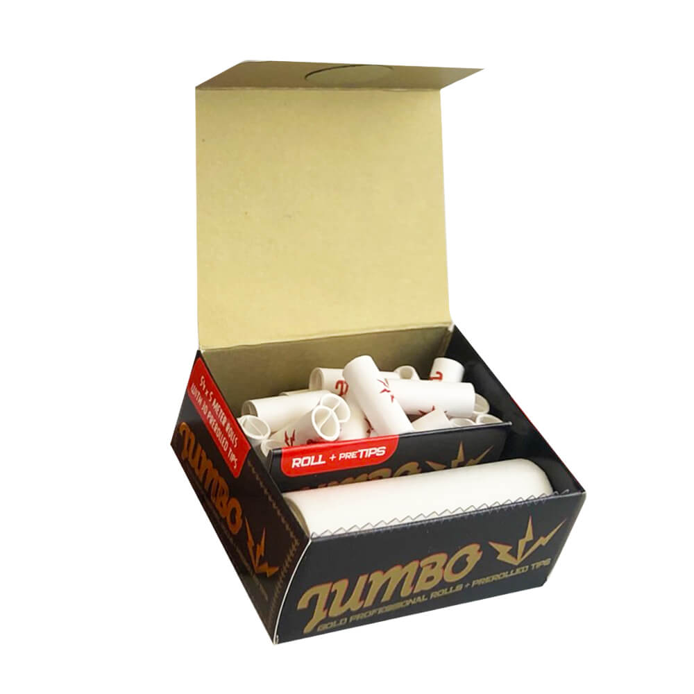 Jumbo Gold – otevřené balení s rolí papírku 5 m a předrolovanými tipy