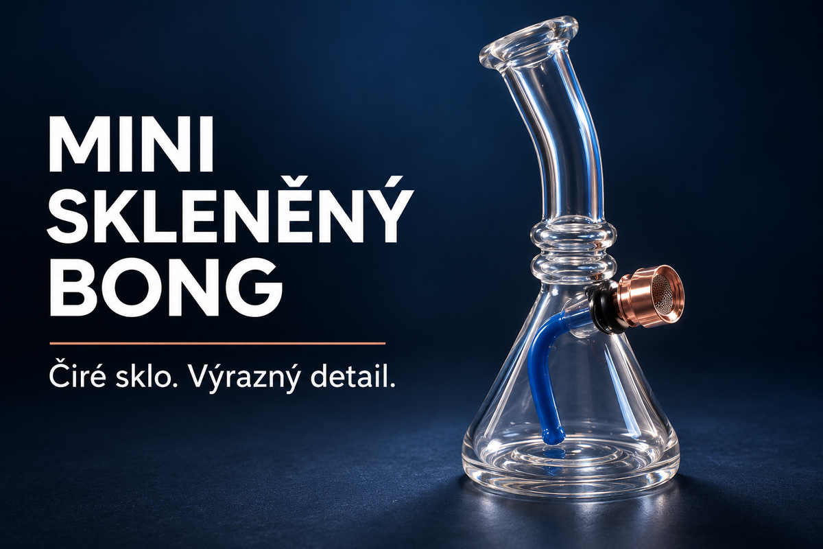 Mini skleněný bong – čiré sklo a kovový kotlík v měděné barvě