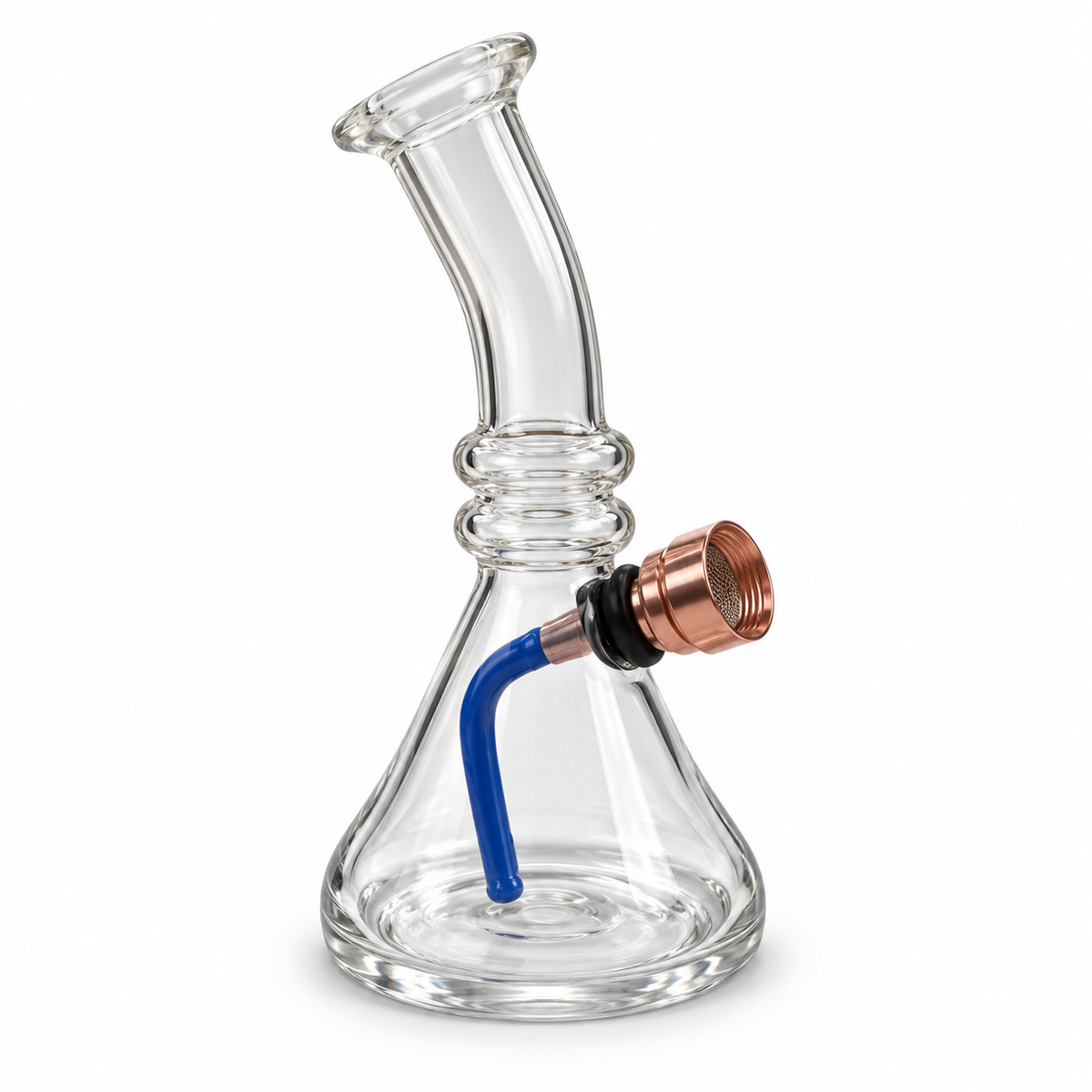 Mini skleněný bong se zahnutým náustkem a kovovým kotlíkem v měděné barvě