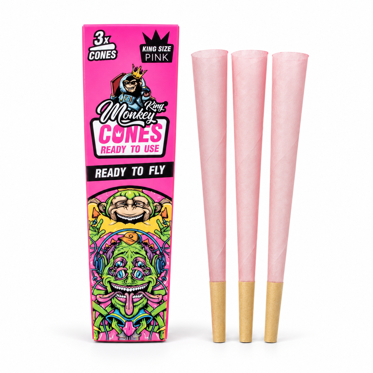 Monkey King Pink – balení a tři růžové kornouty s papírovými tipy
