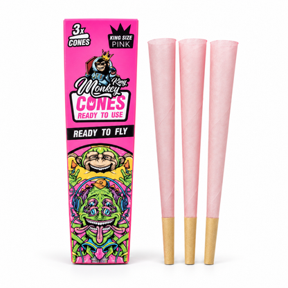 Monkey King Pink – balení a tři růžové kornouty s papírovými tipy