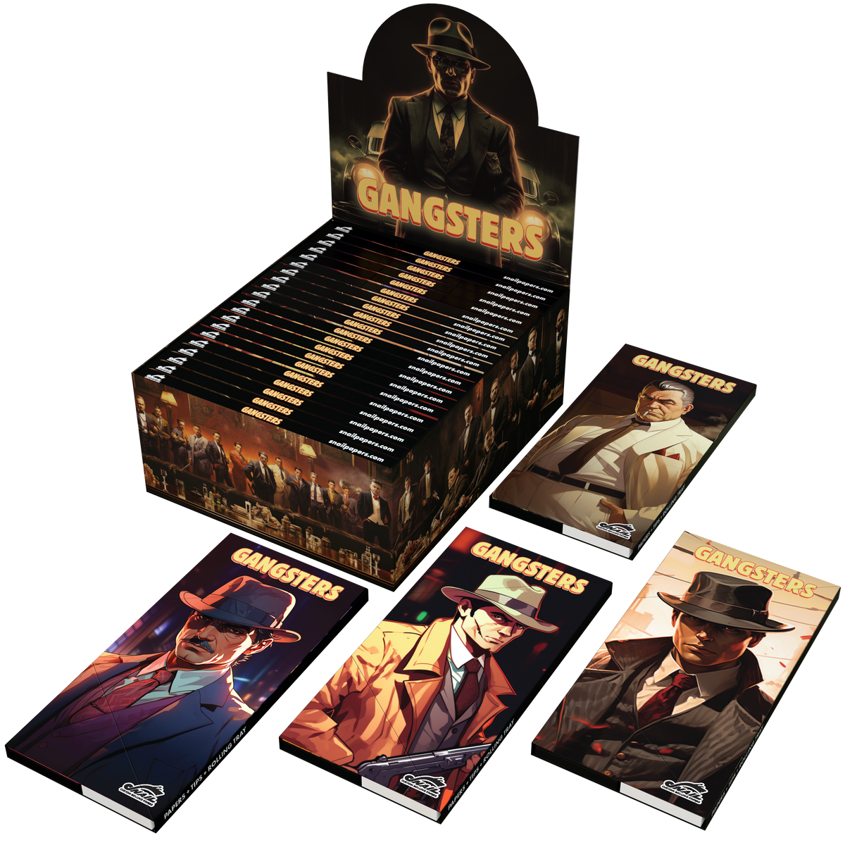 Prodejní displej Snail Gangsters pro 20 sešitků – ukázka kolekce, produkt se prodává po jednom sešitku