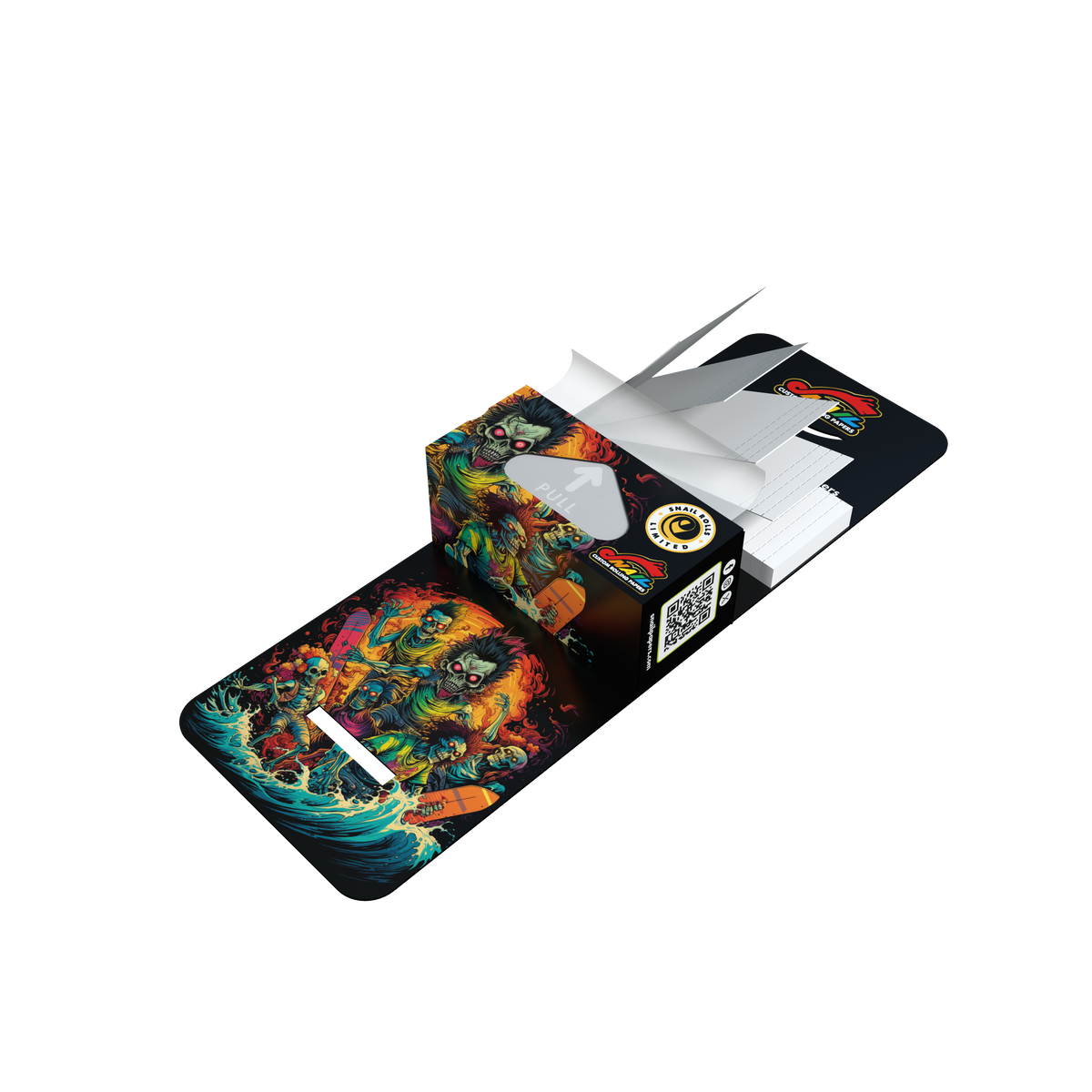 Snail Zombies Rolls + Tips – otevřené balení s rolí bílého papírku a papírovými filtry
